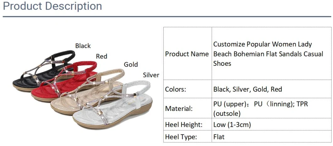 Customize Popular Women Lady Beach Bohemian Flat Sandals Casual Shoes