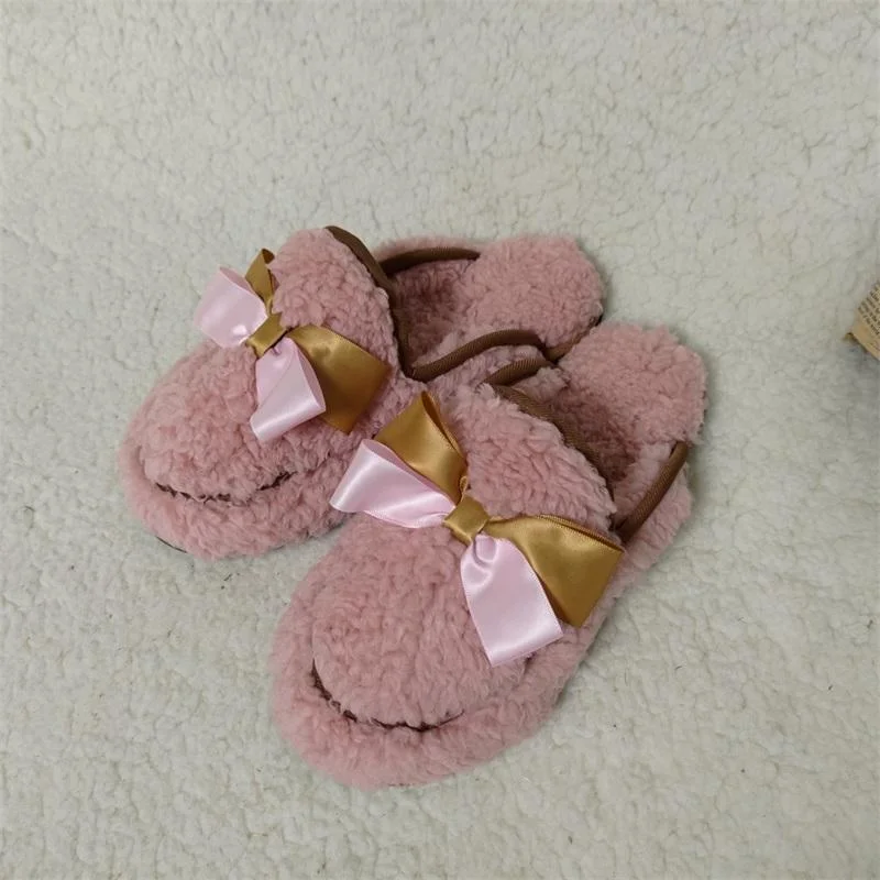Winter Customized Couples Home Indoor Cute Bow Platform Warm Women&prime;s Flat Slippers
